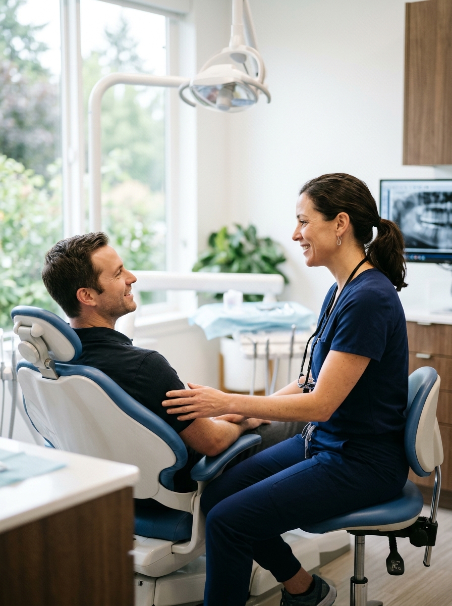 A dentist talking with a relaxed patient in the treatment chair