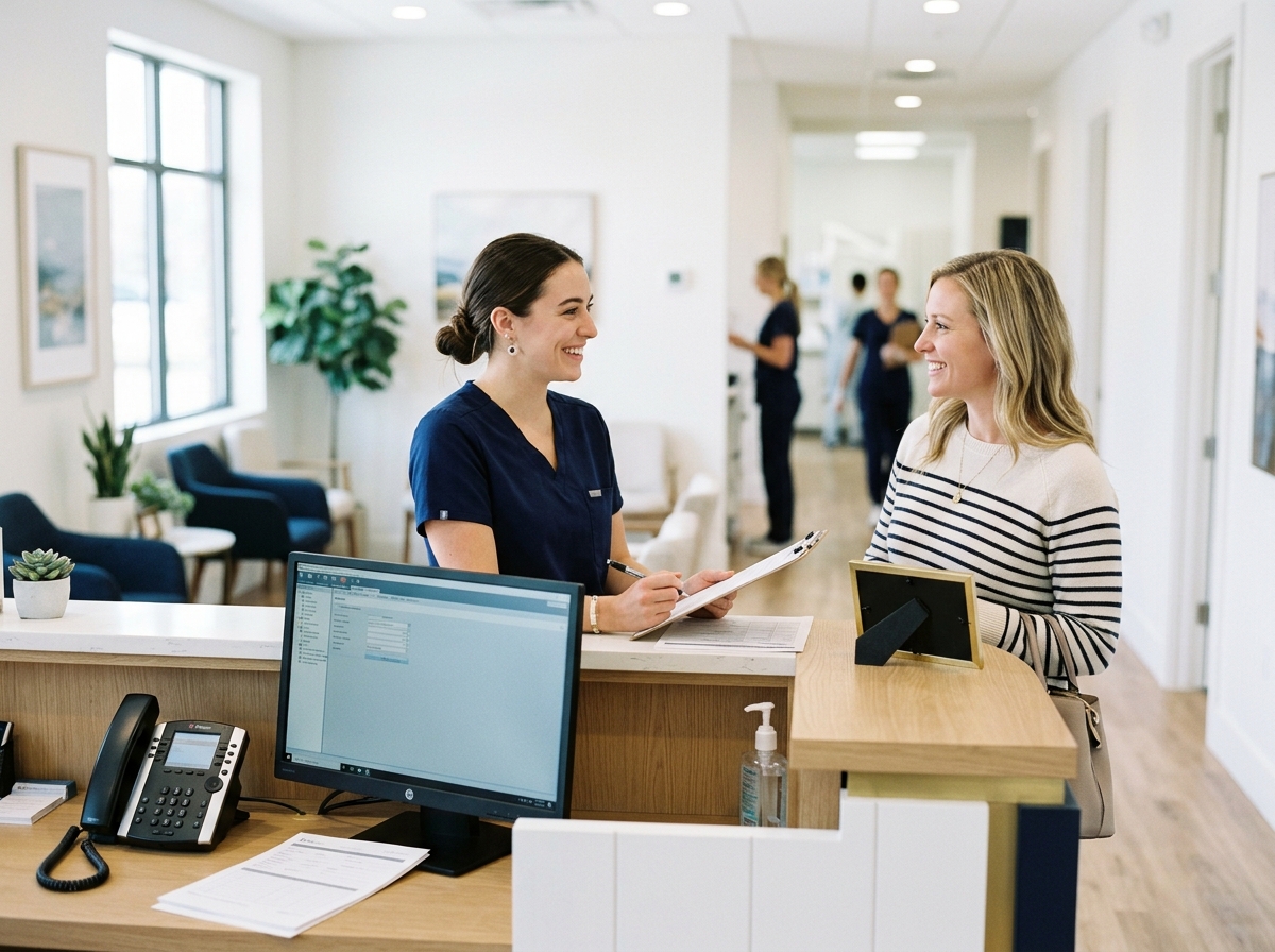A dental receptionist checking in a patient at a busy front desk