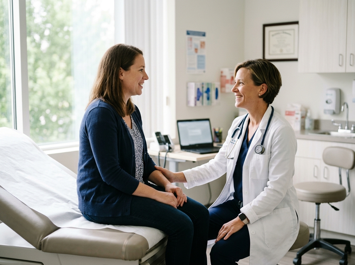 A family physician in a white coat talking with a patient in a bright exam room