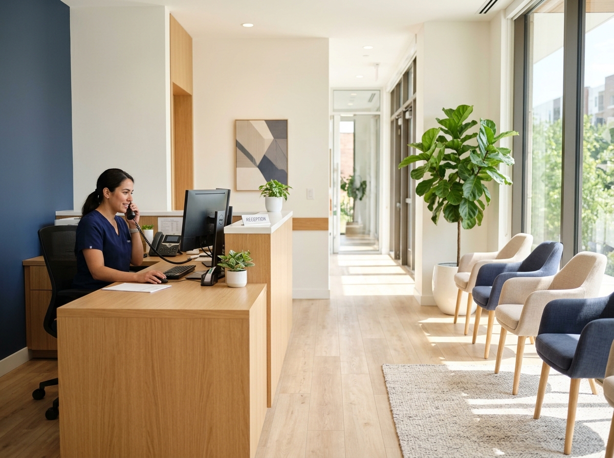 A bright, modern medical clinic reception area with a receptionist at the front desk